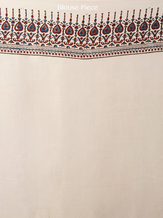 Ivory Indigo Red Ajrakh Hand Block Printed Modal Silk Saree in Natural Colors - S031703372