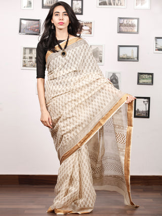 Beige Olive Green Bagh Printed Maheshwari Cotton Saree - S031703332