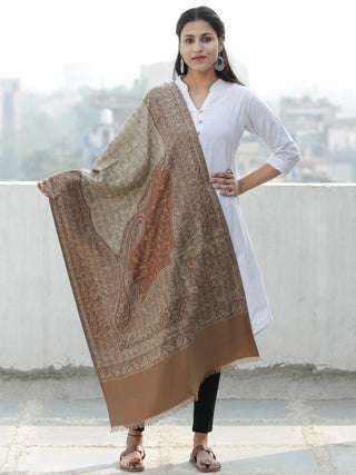 Beige Light Brown Jamawar Aari Embroidered Woollen Kashmiri Stole - S200587