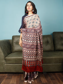 Ivory Indigo Red Ajrakh Hand Block Printed Modal Silk Saree in Natural Colors - S031703373