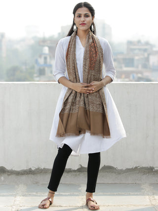 Beige Light Brown Jamawar Aari Embroidered Woollen Kashmiri Stole - S200587