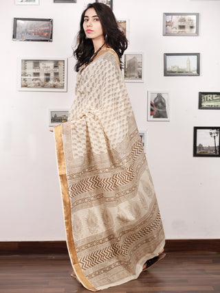 Beige Olive Green Bagh Printed Maheshwari Cotton Saree - S031703332