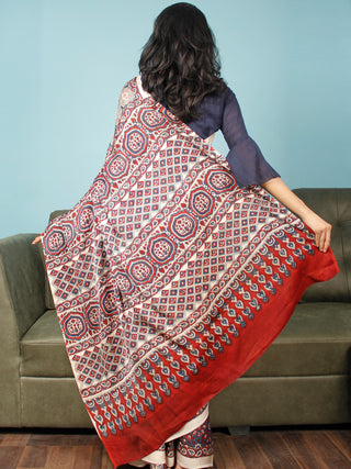 Ivory Indigo Red Ajrakh Hand Block Printed Modal Silk Saree in Natural Colors - S031703373