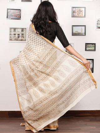 Beige Olive Green Bagh Printed Maheshwari Cotton Saree - S031703332