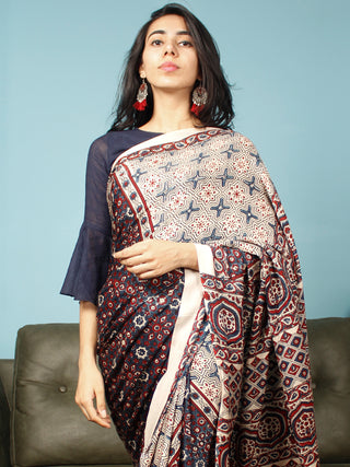 Ivory Indigo Red Ajrakh Hand Block Printed Modal Silk Saree in Natural Colors - S031703373