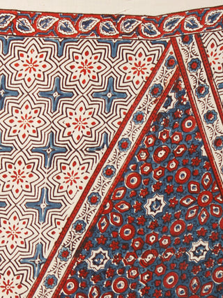 Ivory Indigo Red Ajrakh Hand Block Printed Modal Silk Saree in Natural Colors - S031703373