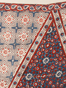 Ivory Indigo Red Ajrakh Hand Block Printed Modal Silk Saree in Natural Colors - S031703373