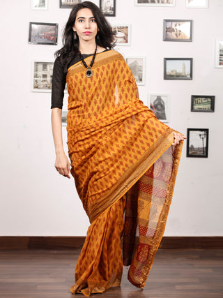 Rust Yelllow Maroon Black Bagh Printed Maheshwari Cotton Saree - S031703333