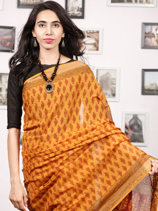 Rust Yelllow Maroon Black Bagh Printed Maheshwari Cotton Saree - S031703333
