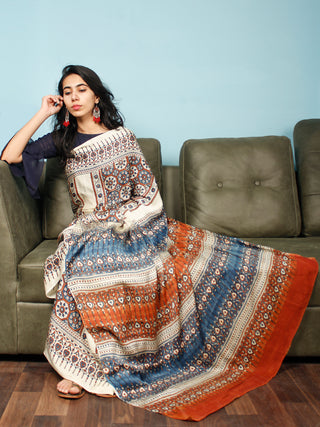 Ivory Indigo Rust Ajrakh Hand Block Printed Modal Silk Saree in Natural Colors - S031703374