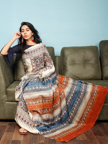 Ivory Indigo Rust Ajrakh Hand Block Printed Modal Silk Saree in Natural Colors - S031703374