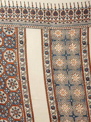Ivory Indigo Rust Ajrakh Hand Block Printed Modal Silk Saree in Natural Colors - S031703374