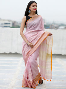 Baby Pink Golden Handwoven Linen Saree With Zari Border & Tassels - S031703767