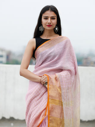 Baby Pink Golden Handwoven Linen Saree With Zari Border & Tassels - S031703767
