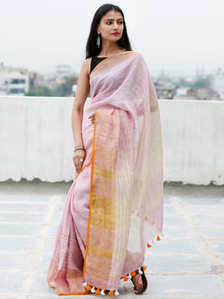 Baby Pink Golden Handwoven Linen Saree With Zari Border & Tassels - S031703767