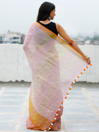 Baby Pink Golden Handwoven Linen Saree With Zari Border & Tassels - S031703767