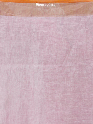 Baby Pink Golden Handwoven Linen Saree With Zari Border & Tassels - S031703767