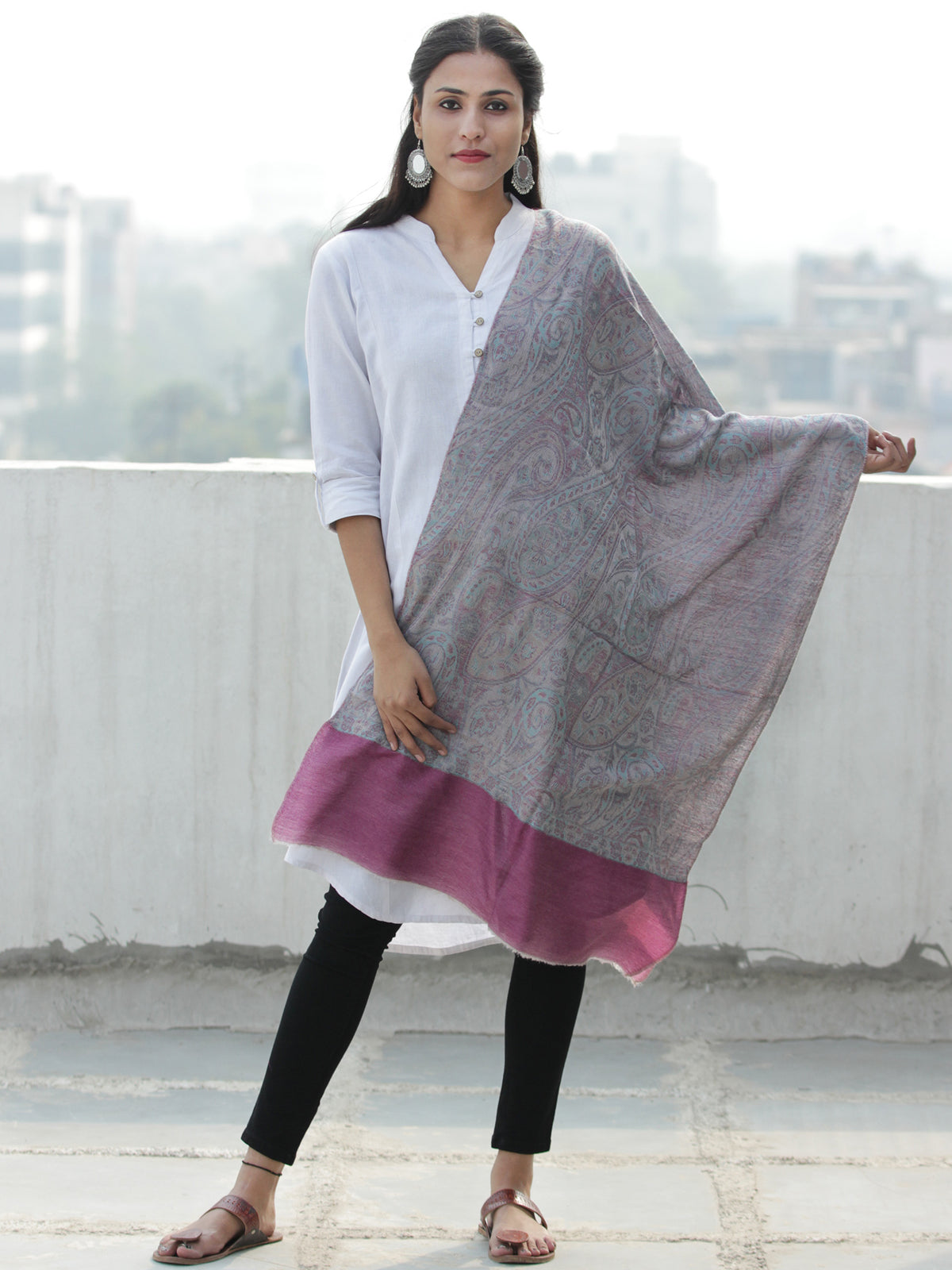 Grey Pink Sky Blue Pure Cashmere Wool Jamavar Stole  - S200579