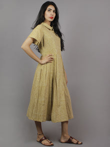 Mustard Yellow & Ivory Hand Block Cotton Dress With Knife Pleats & Side Pockets- D3942901