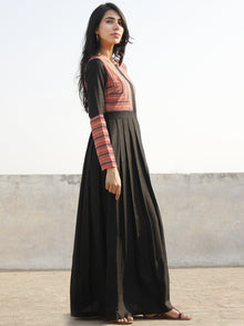 Black Deep Red Peach Ivory Long Ikat Cotton Rayon Dress With Knife Pleats -  D168F628