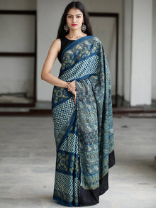 Indigo Green Ivory Ajrakh Hand Block Printed Modal Silk Saree in Natural Colors - S031703732