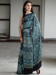 Indigo Green Ivory Ajrakh Hand Block Printed Modal Silk Saree in Natural Colors - S031703732