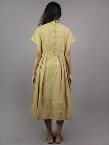 Mustard Yellow & Ivory Hand Block Cotton Dress With Knife Pleats & Side Pockets- D3942901