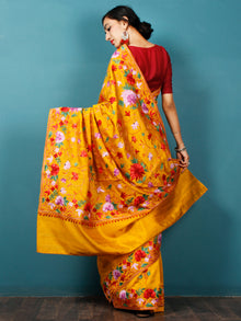 Golden Mustard Red Purple Green Aari Embroidered Bhagalpuri Silk Saree From Kashmir  - S031703056