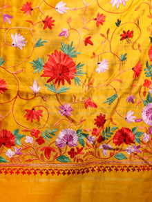 Golden Mustard Red Purple Green Aari Embroidered Bhagalpuri Silk Saree From Kashmir  - S031703056