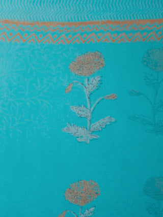 Sky Blue Rust Hand Block Printed Chiffon Saree with Zari Border - S031704067