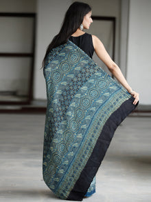 Indigo Green Ivory Ajrakh Hand Block Printed Modal Silk Saree in Natural Colors - S031703732