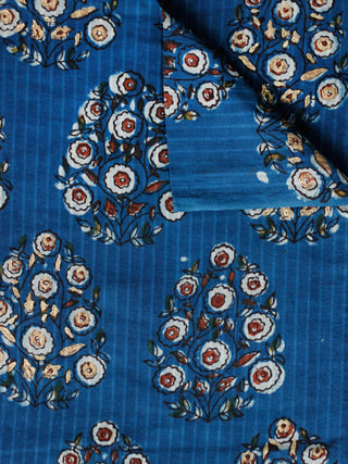 Indigo Ivory Rust Golden Hand Block Printed Cotton Fabric Per Meter - F001F1839