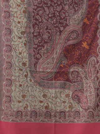 Grey Maroon Jacouard Jamawar Needle Embroidered Woollen Kashmiri Stole - S200590