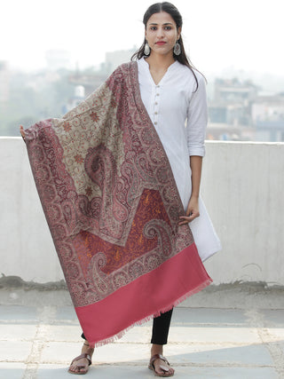 Beige Rosewood Pink Jacouard Jamawar Needle Embroidered Woollen Kashmiri Stole - S200591