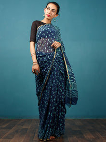 Indigo Blue Hand Block Printed Chiffon Saree with Zari Border - S031702805