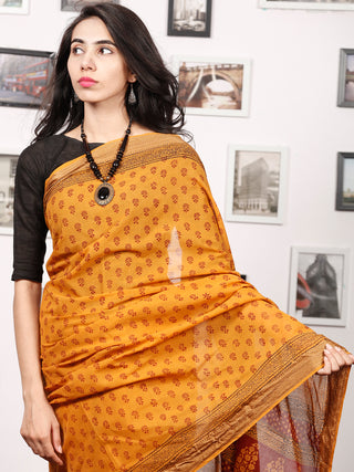 Yellow Maroon Black Bagh Printed Maheshwari Cotton Saree - S031703337