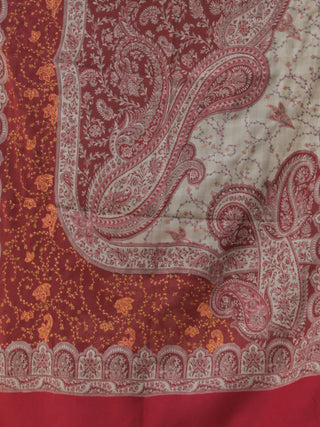 Beige Red Orange Jacouard Jamawar Needle Embroidered Woollen Kashmiri Stole - S200593
