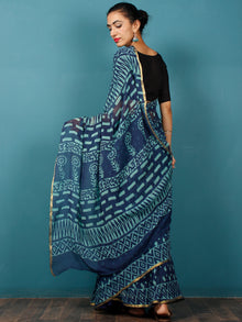 Indigo Blue Hand Block Printed Chiffon Saree with Zari Border - S031702805