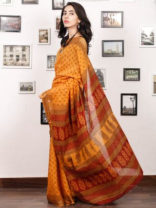Yellow Maroon Black Bagh Printed Maheshwari Cotton Saree - S031703337
