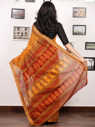 Yellow Maroon Black Bagh Printed Maheshwari Cotton Saree - S031703337