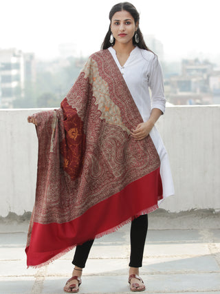 Red Maroon Beige Jacouard Jamawar Needle Embroidered Woollen Kashmiri Stole - S200592