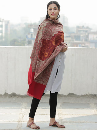Red Maroon Beige Jacouard Jamawar Needle Embroidered Woollen Kashmiri Stole - S200592