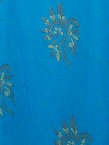 Blue Green Yellow Hand Block Printed Chiffon Saree with Zari Border - S031702808