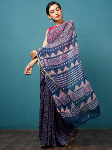 Indigo Purple Hand Block Printed Chiffon Saree with Zari Border - S031702811