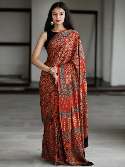 Red Beige Indigo Black Ajrakh Hand Block Printed Modal Silk Saree in Natural Colors - S031703733