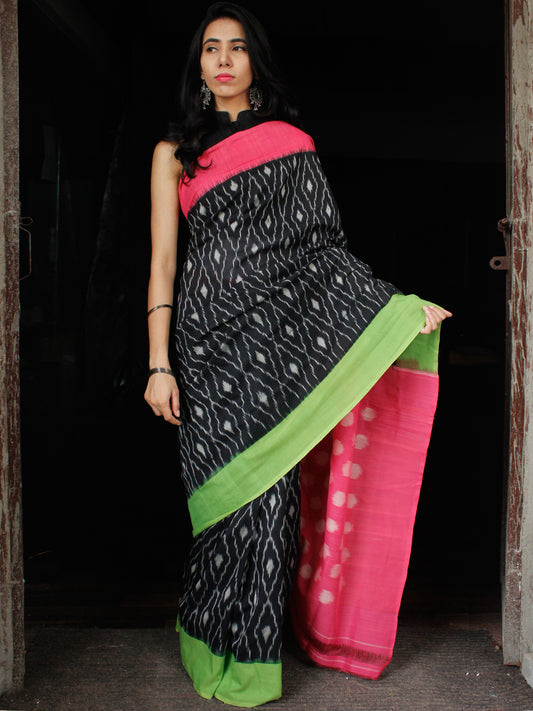 Black Pink Green Grey Double Ikat Handwoven Cotton Saree With Ganga Jamuna Border - S031703644