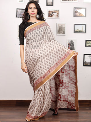 Beige Black Maroon Bagh Printed Maheshwari Cotton Saree - S031703302