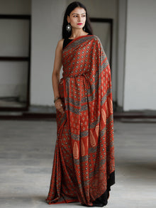 Red Beige Indigo Black Ajrakh Hand Block Printed Modal Silk Saree in Natural Colors - S031703733