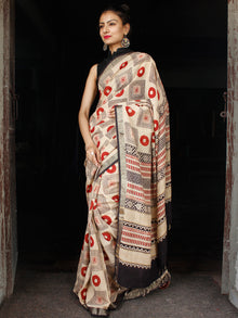 Beige Red Black Hand Block Printed Handwoven Linen Saree With Zari Border - S031703587