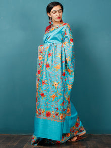 Aqua Blue Maroon Orange Aari Embroidered Bhagalpuri Silk Saree From Kashmir  - S031703057